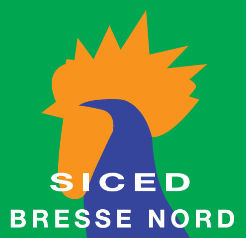 Logo du SICED Bresse Nord : dessin d'un coq de profil, avec la crête orange et le corps bleu, sur fond vert